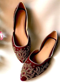 Maroon Ballet Flats In Velvet With Dull Gold Double Beaded Work In Ethnic Motif Online By Sole House