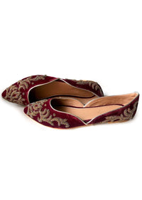 Maroon Ballet Flats In Velvet With Dull Gold Double Beaded Work In Ethnic Motif Online By Sole House