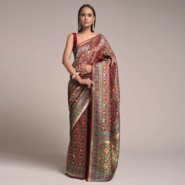 Maroon art handloom Saree In Silk With Colorful Woven Patola Jaal Online - Kalki Fashion