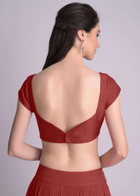 Maroon Blouse In Raw Silk With Sweet Heart Neckline