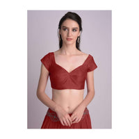 Maroon Blouse In Raw Silk With Sweet Heart Neckline