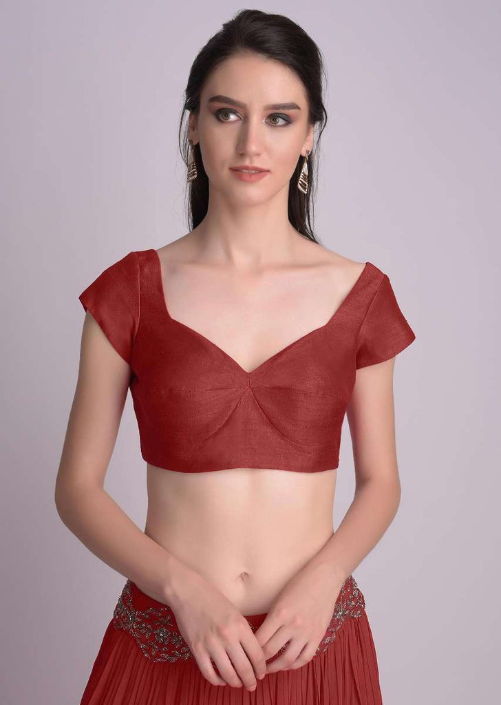 Maroon Blouse In Raw Silk With Sweet Heart Neckline