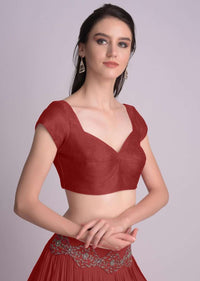 Maroon Blouse In Raw Silk With Sweet Heart Neckline