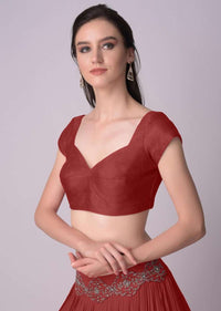 Maroon Blouse In Raw Silk With Sweet Heart Neckline