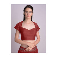 Maroon Blouse With Deep Sweet Heart Neck And Cap Sleeves