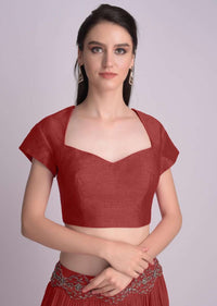 Maroon Blouse With Deep Sweet Heart Neck And Cap Sleeves