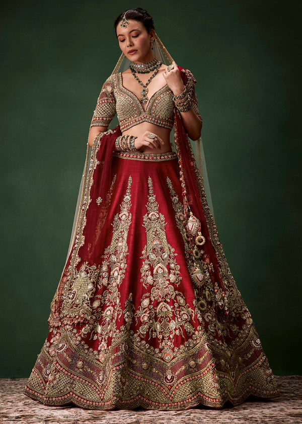 Maroon Bridal Lehenga Set In Raw Silk with Two Dupattas