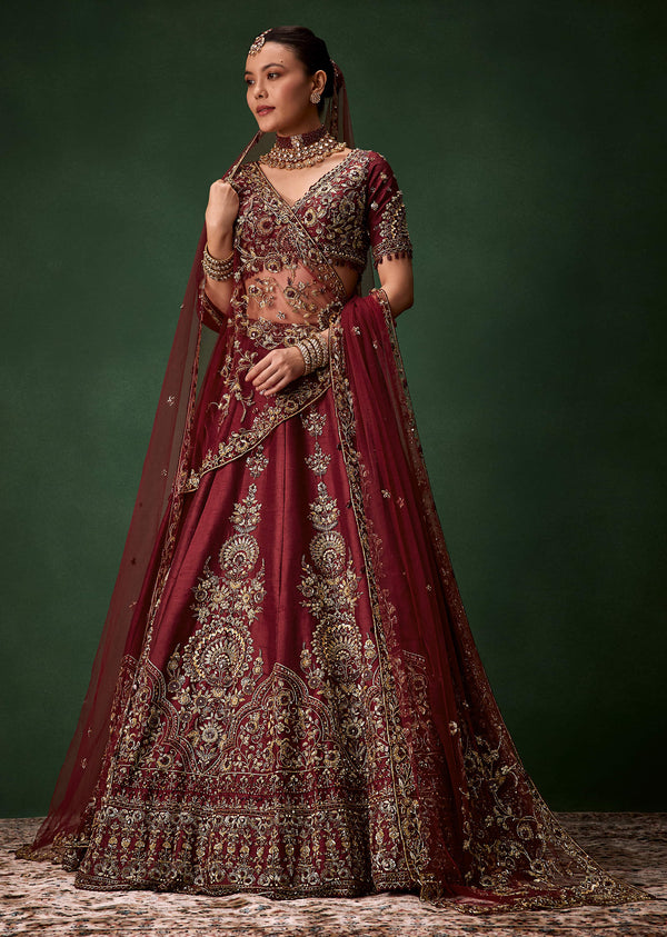 Maroon Bridal Moti Silk Lehenga Set with Two Dupattas