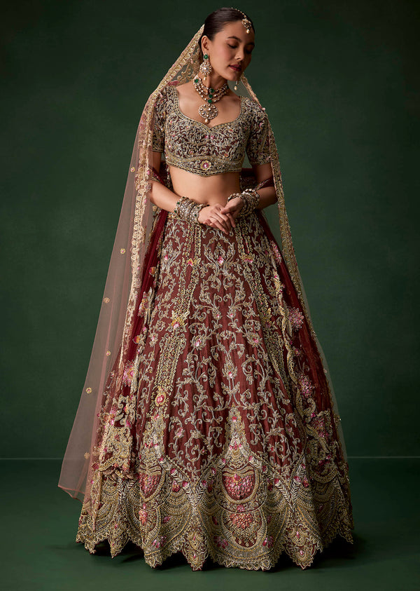 Maroon Bridal Silk Embellished Lehenga Set with Two Dupattas