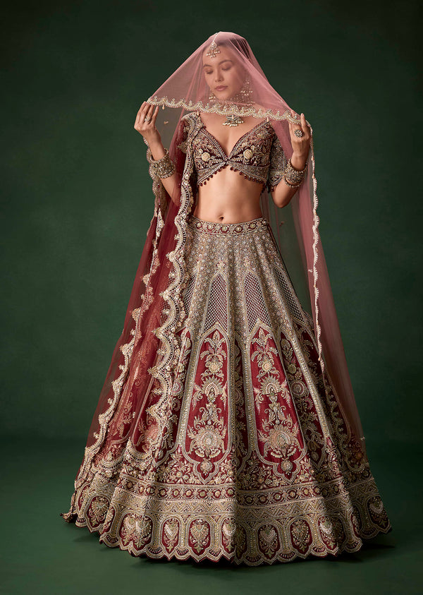 Maroon Bridal Silk Sequin Lehenga Set with Two Dupattas
