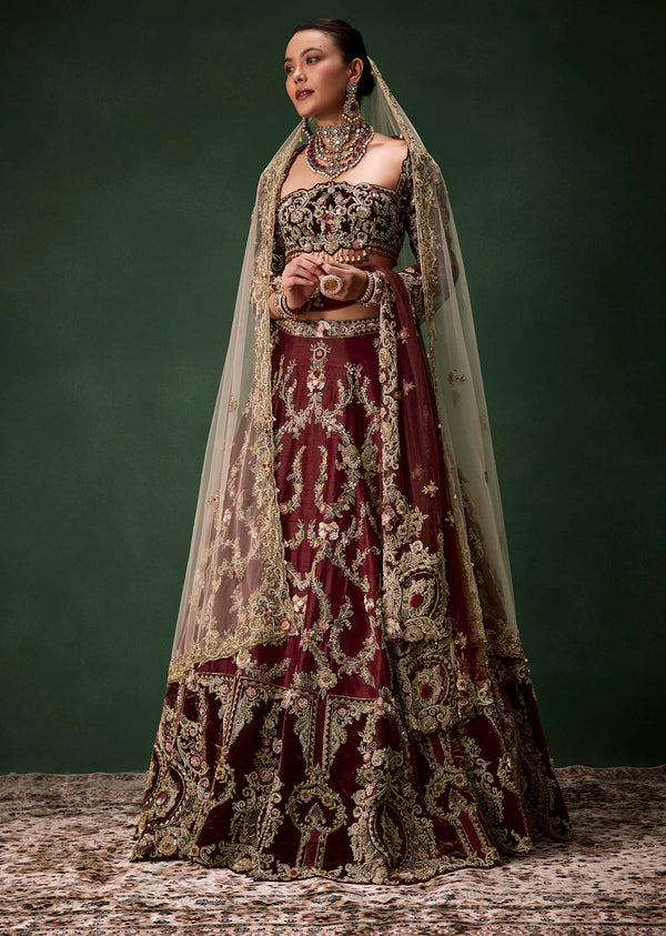 Maroon Bridal Silk Zardozi Lehenga Set with Two Dupattas