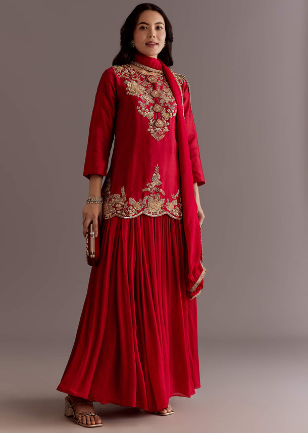 Maroon Chinon Sequin Gota Lace Kurta Skirt Set With Dupatta