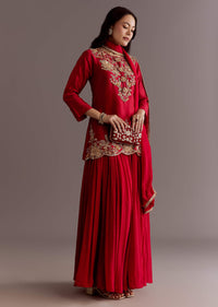 Maroon Chinon Sequin Gota Lace Kurta Skirt Set With Dupatta
