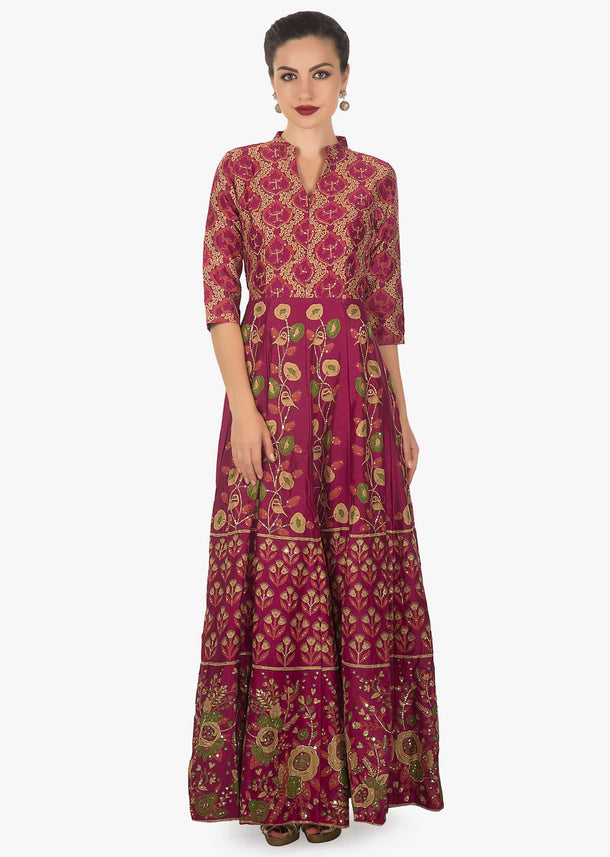 Maroon cotton print dress adorn with sequin motifs only on kalki