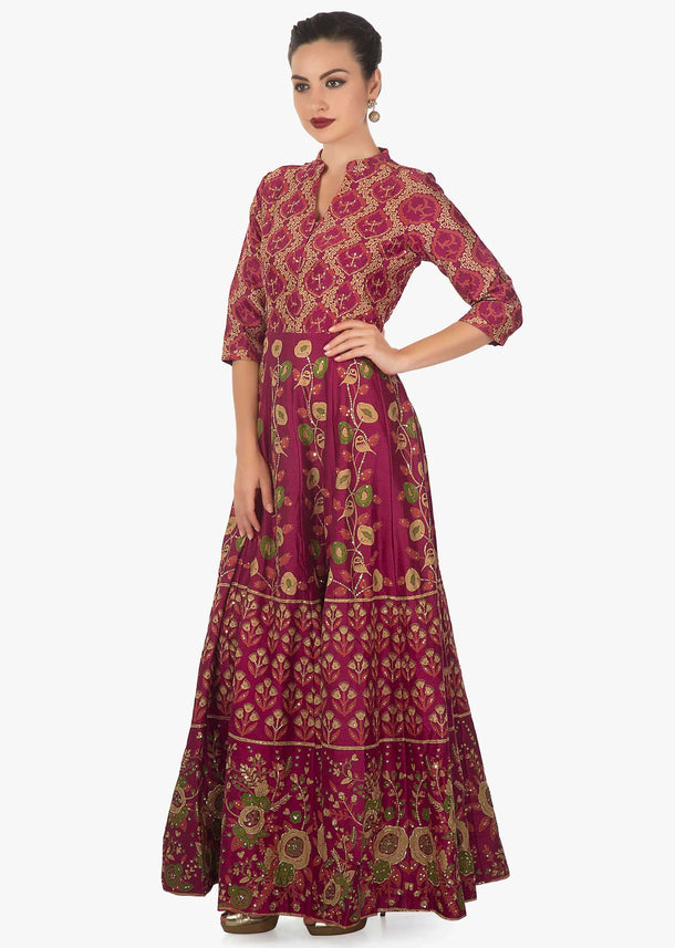 Maroon cotton print dress adorn with sequin motifs only on kalki