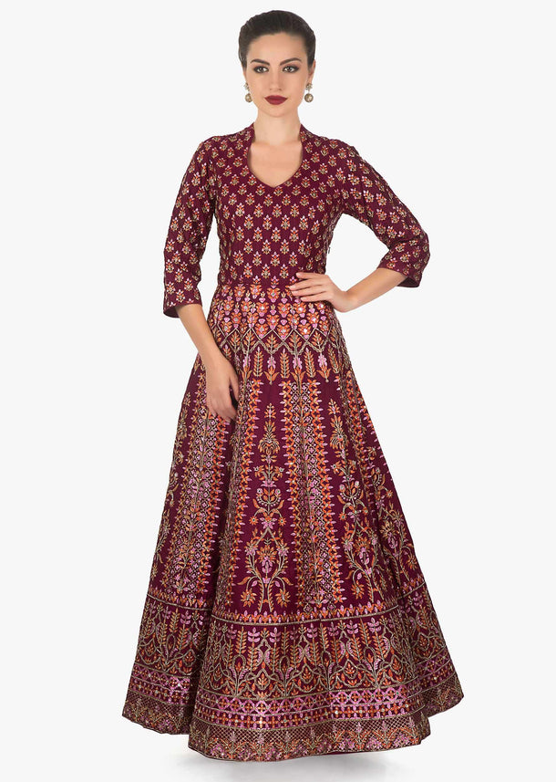 Maroon cotton silk floral print anarkali beautifully designed using print and cut dana only on kalki