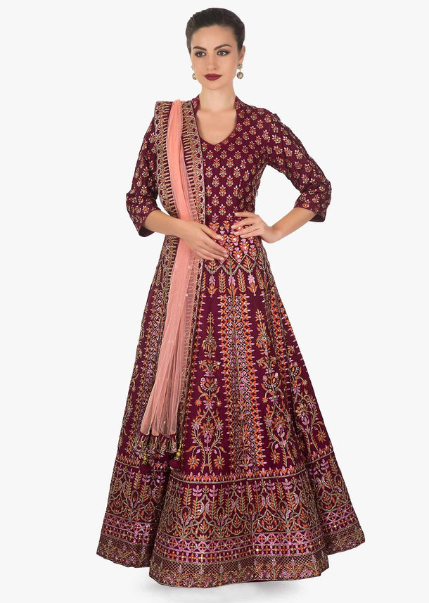 Maroon cotton silk floral print anarkali beautifully designed using print and cut dana only on kalki