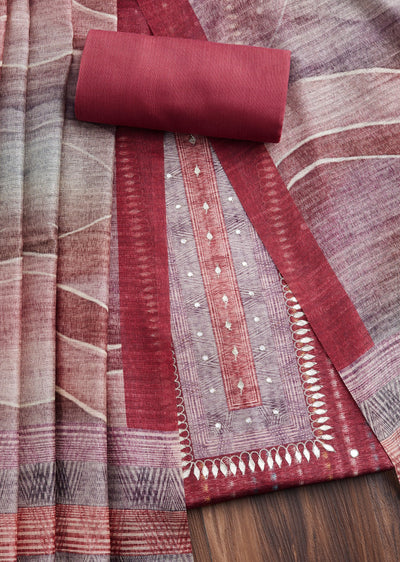 Maroon Dola Silk Printed Unstitched Suit