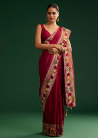 Maroon Georgette Saree With Zari And Multicolour Thread Accents