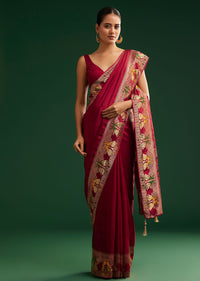 Maroon Georgette Saree With Zari And Multicolour Thread Accents