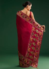 Maroon Georgette Saree With Zari And Multicolour Thread Accents