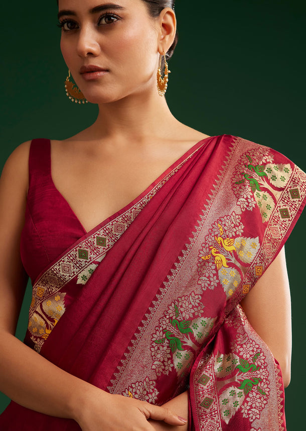 Maroon Georgette Saree With Zari And Multicolour Thread Accents