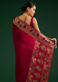 Maroon Georgette Saree With Zari And Multicolour Thread Accents