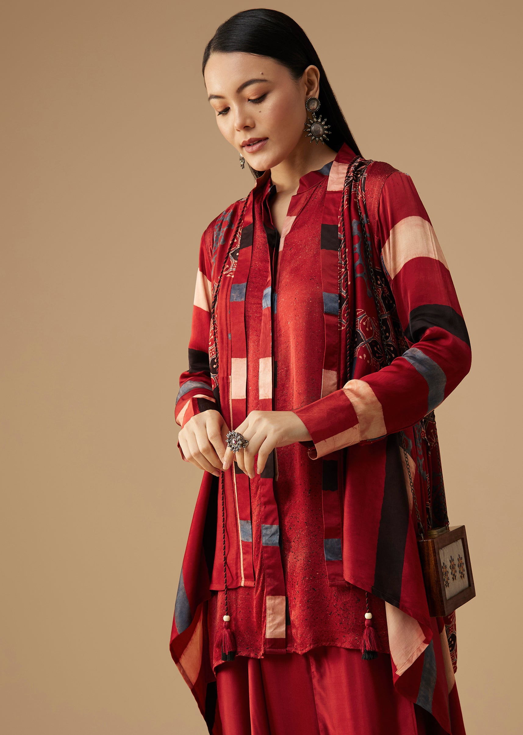 Maroon Hand Dyed Boho Print Dhoti Pant Set With Jacket
