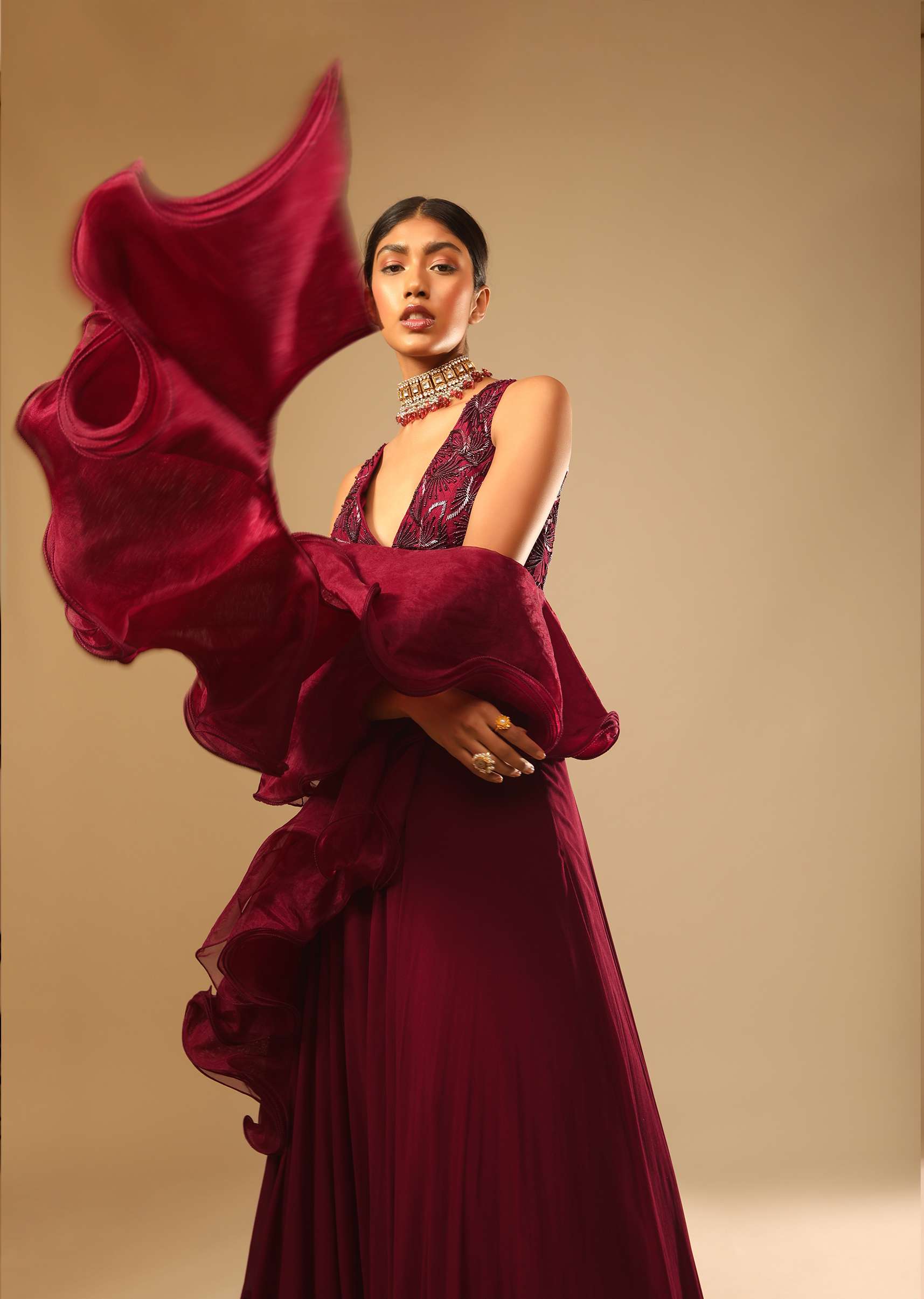 Maroon Lehenga And Crop Top With Hand Embroidered Leaf Motifs And A Ruffle Dupatta