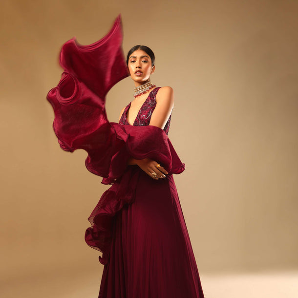 Maroon Lehenga And Crop Top With Hand Embroidered Leaf Motifs And A Ruffle Dupatta