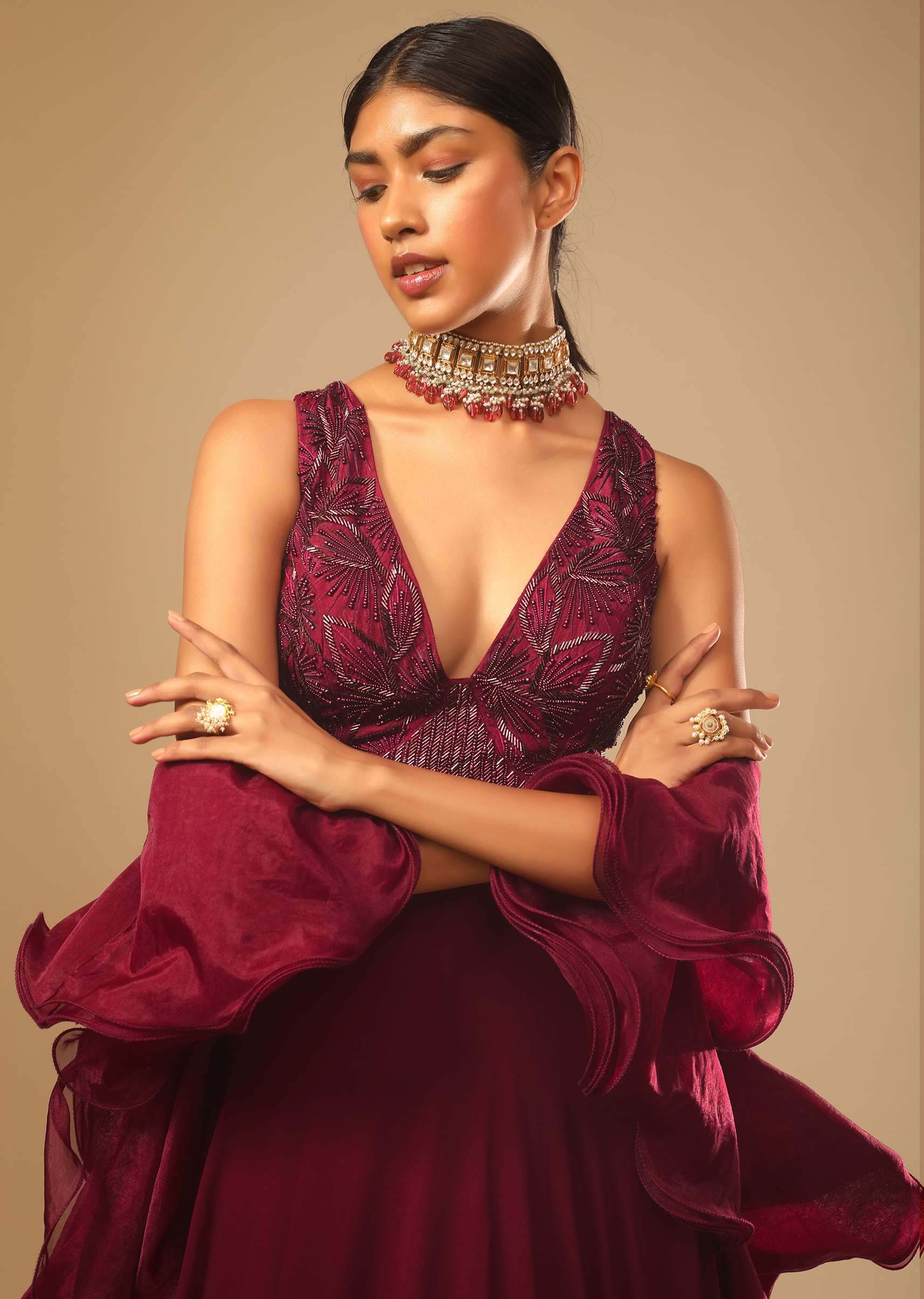 Maroon Lehenga And Crop Top With Hand Embroidered Leaf Motifs And A Ruffle Dupatta