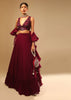 Maroon Lehenga And Crop Top With Hand Embroidered Leaf Motifs And A Ruffle Dupatta