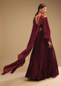 Maroon Lehenga In Crepe With Embroidery Detailing On The Waist And Bishop Sleeved Crop Top