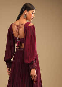 Maroon Lehenga In Crepe With Embroidery Detailing On The Waist And Bishop Sleeved Crop Top