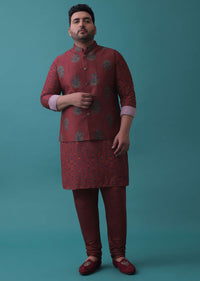 Maroon Red Nehru Jacket And Geometric Printed Kurta Set