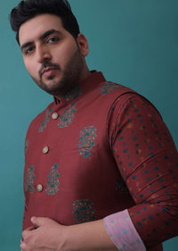 Maroon Red Nehru Jacket And Geometric Printed Kurta Set