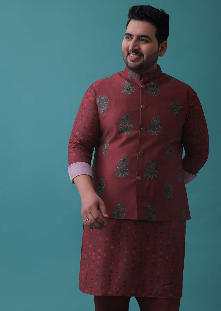 Maroon Red Nehru Jacket And Geometric Printed Kurta Set