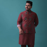 Maroon Red Nehru Jacket And Geometric Printed Kurta Set