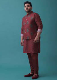 Maroon Red Nehru Jacket And Geometric Printed Kurta Set