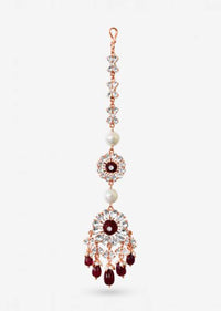 Maroon Maang Tika Designed With Glinting Swarovski Stones And Semi-Precious Carved Beads By Prerto