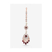 Maroon Maang Tika Designed With Glinting Swarovski Stones And Semi-Precious Carved Beads By Prerto