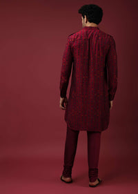 Maroon Nehru Jacket With Block Printed Floral Buttis And Geometric Printed Kurta Set