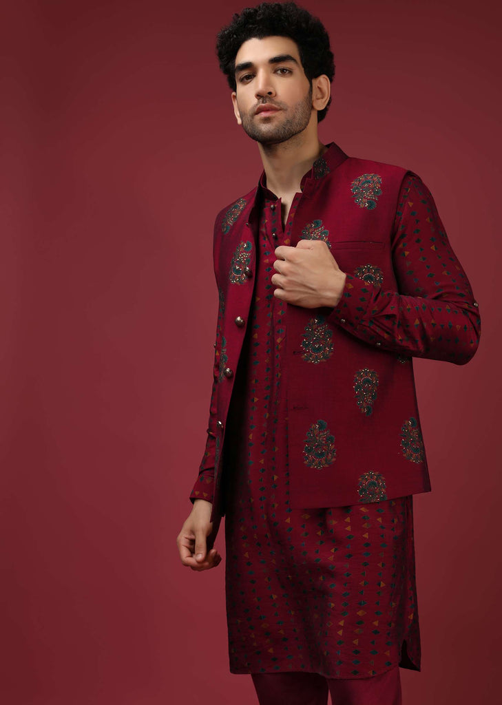 Maroon Nehru Jacket With Block Printed Floral Buttis And Geometric Printed Kurta Set