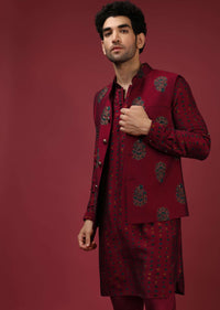 Maroon Nehru Jacket With Block Printed Floral Buttis And Geometric Printed Kurta Set