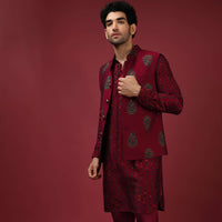 Maroon Nehru Jacket With Block Printed Floral Buttis And Geometric Printed Kurta Set