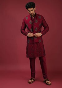 Maroon Nehru Jacket With Block Printed Floral Buttis And Geometric Printed Kurta Set