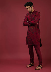 Maroon Nehru Jacket With Block Printed Floral Buttis And Geometric Printed Kurta Set