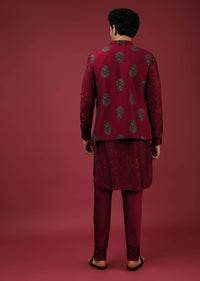 Maroon Nehru Jacket With Block Printed Floral Buttis And Geometric Printed Kurta Set