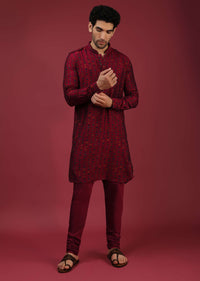 Maroon Nehru Jacket With Block Printed Floral Buttis And Geometric Printed Kurta Set
