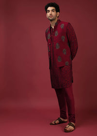 Maroon Nehru Jacket With Block Printed Floral Buttis And Geometric Printed Kurta Set